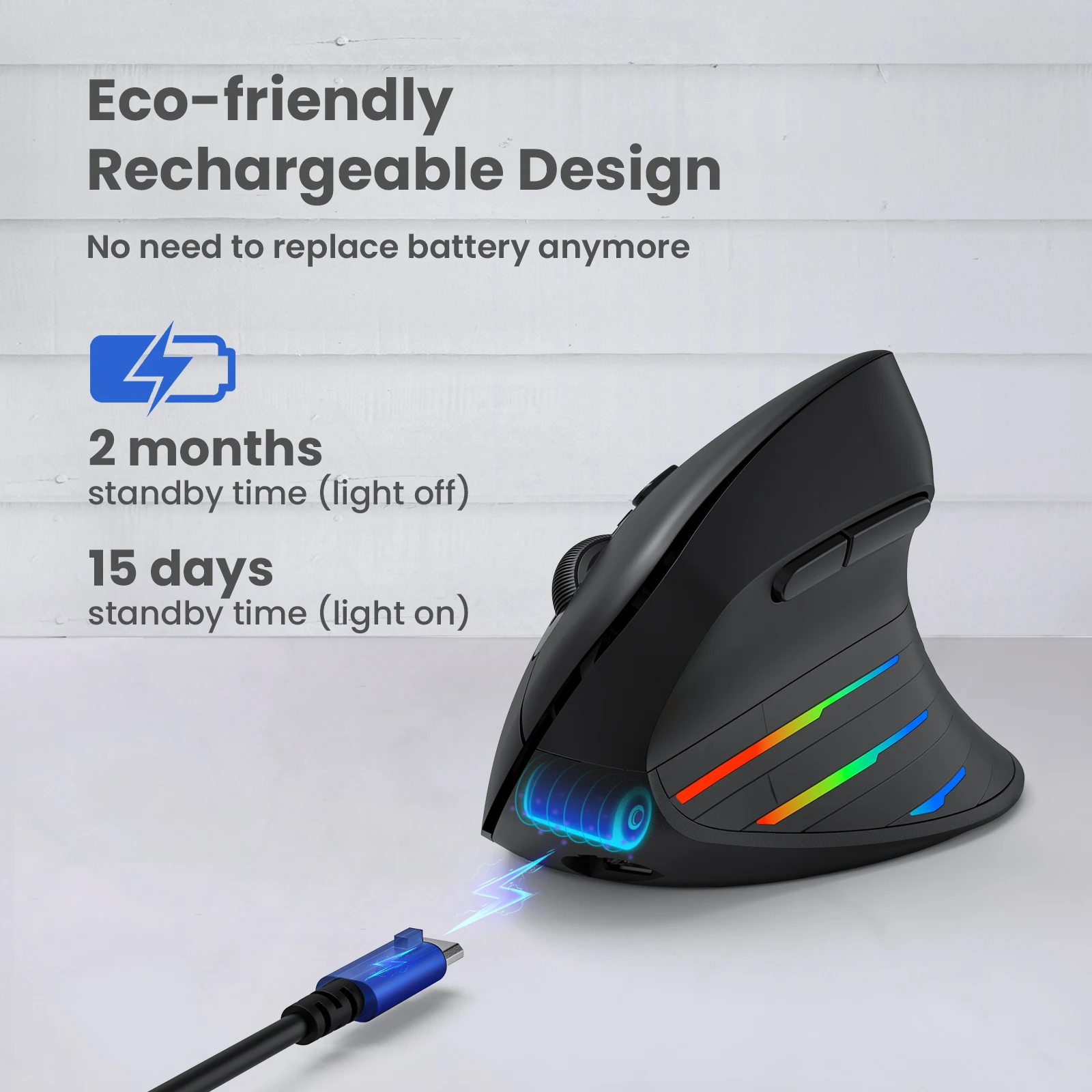 

VicTsing PC324 RGB Rechargeable 3 Modes Bluetooth + 2.4GHz Wireless Mouse 5 Adjustable DPI Ergonomic Vertical Mouse for Computer