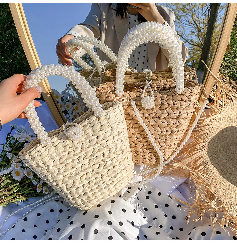 

Luxury Pearl Straw Handbag Summer Vacation Bohemia Straw Crossbody Bag For Women 2021 New Fashion Brand Designer Weaving Tote