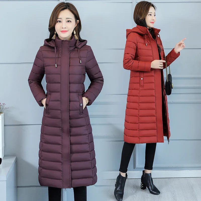 Зимняя женская куртка теплое хлопковое пальто с капюшоном длинная пуховая