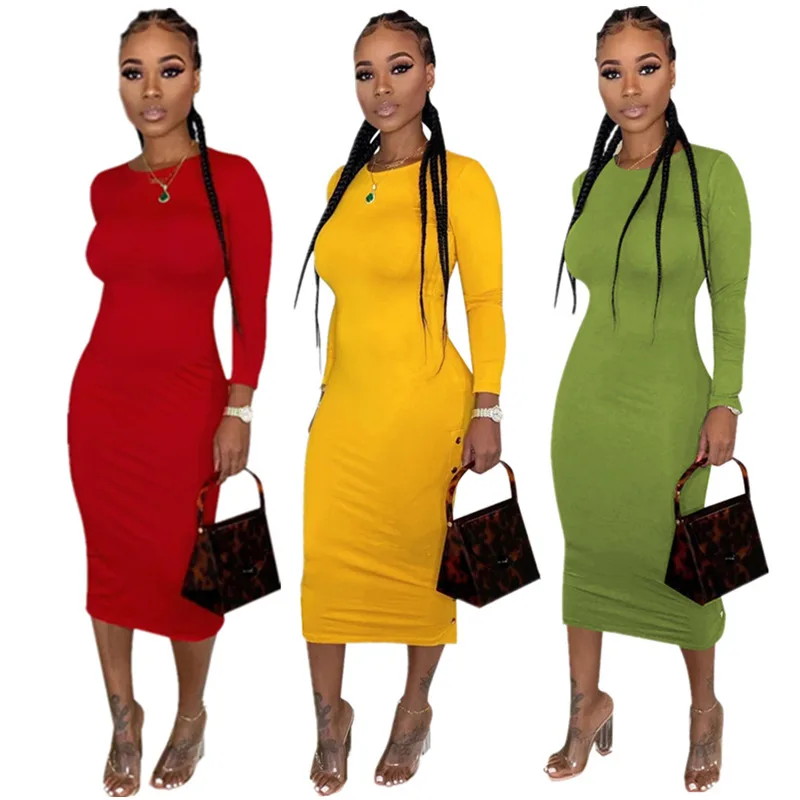 Женское модное Повседневное платье средней длины с боковыми пуговицами и