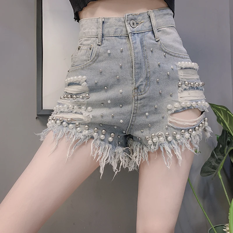 

Summer Korean Fashion 2021 Women Denim Shorts Loose Casual High Waist Wide-legged Pearl Shorts Jeans Sexy Club Distressed Ripped