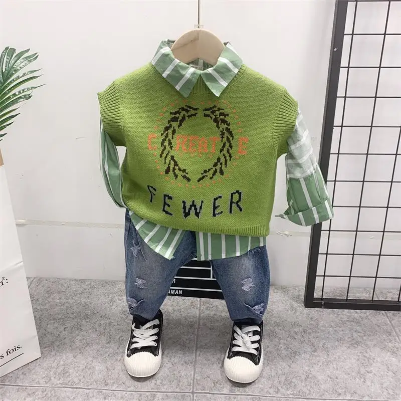 

Children Boys Clothing Sets Spring Autumn Cotton Kid Boys Clothes Knitted vest + Shirt + Pants 3Pcs Sets Toddler Clothes Suit