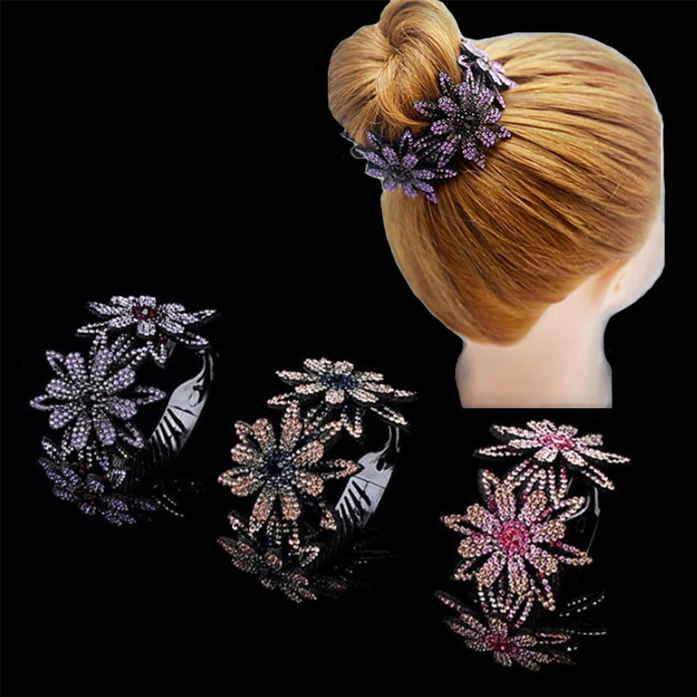 

2Pcs Rhinestone Hair Bun Claws Holders Women Hair Claws Headwear Rhinestone Flower Hairpin Floral Clip Bun