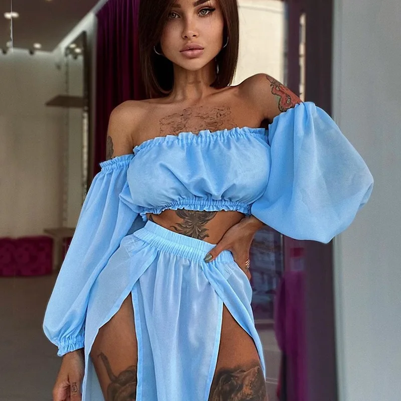 

Sexy Beach Dresses Swimwear High Waisted Cover Up Solid Swimsuit Off Shoulder Top Long Sleeve Swimwear Bathing Suit Women Tunic
