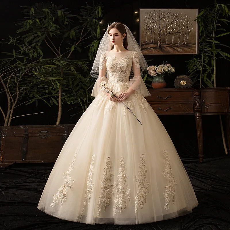

Luxurious O-Neck Wedding Dress Embroidery Tulle Full Sleeves Pleat Floor-Length Backless Plus Size Wedding Gowns For Women G156