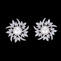larrauri trendy flower stud earrings luxury cubic zirconia pearl earrings for women bridal engagement fashion jewelry 2019
