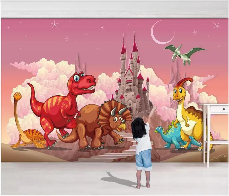 

3d photo wallpaer custom mural Pink Fantasy Dinosaur Castle Tyrannosaurus Rex home decor Children's Room wallpaper for walls 3 d