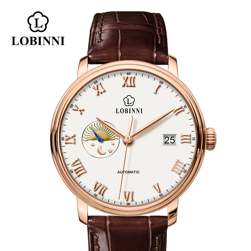 Rose-White LOBINNI, швейцарский Лидирующий бренд, Япония, автоматические механические мужские наручные часы с автоматическим заводом, мужские часы из натуральной кожи, Moon Phase - Цвет: Rose-White