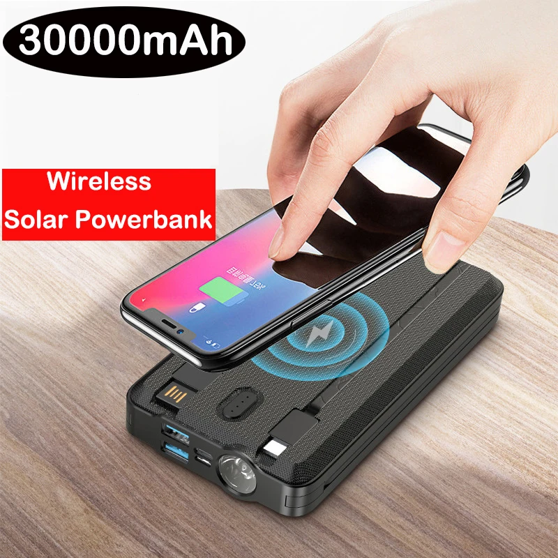 

30000mAh Qi Wireless Charger Solar Power Bank for iPhone 12 Samsung S20 Xiaomi Poverbank Built in Cables Fast Charging Powerbank