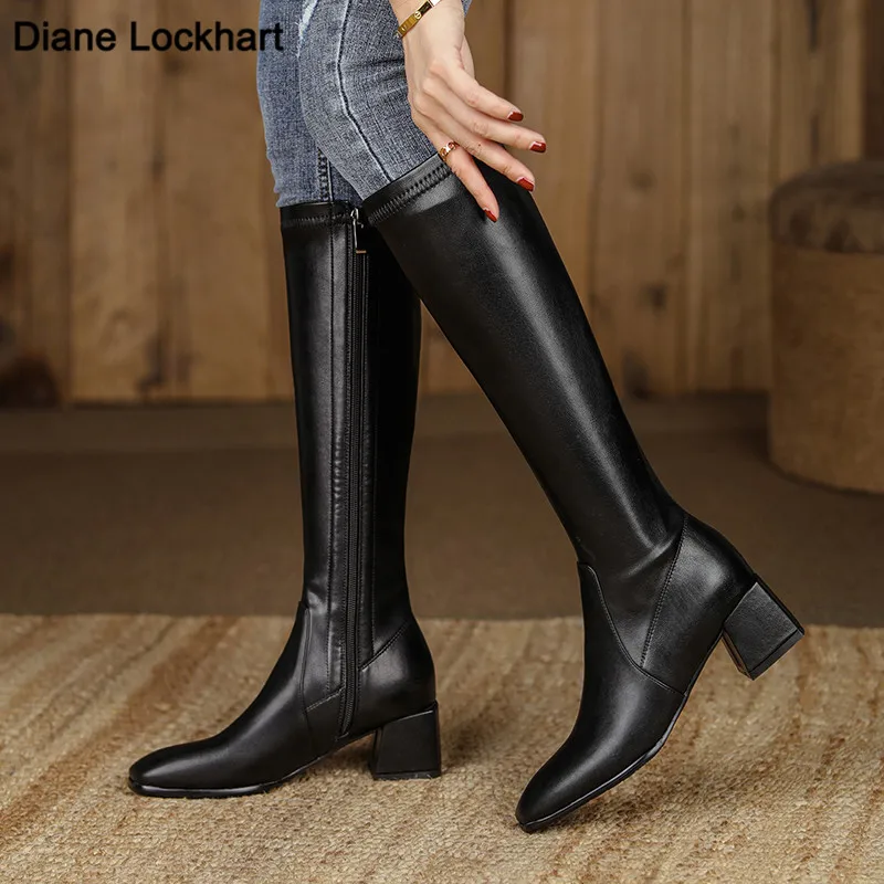 

2021 Women New Square Toe High Heels Long Boots Winter Short Plush Knee-high Booties Side Zipper PU Leather Botas Female Black