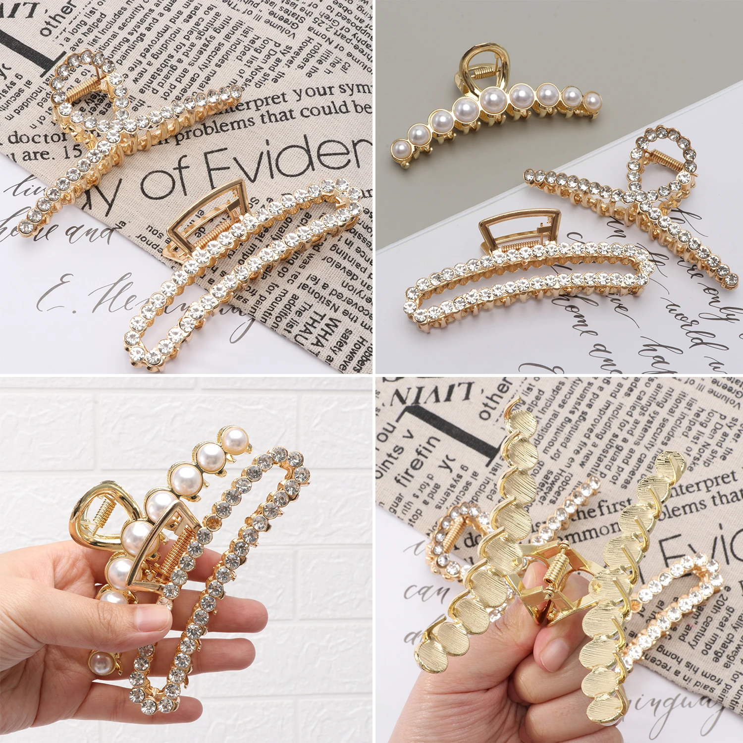 

3PCS Large Hair Claw Clips Vintage Metal Rhinestone Imitation Pearl Hair Clasps Barrette Hair Clamp