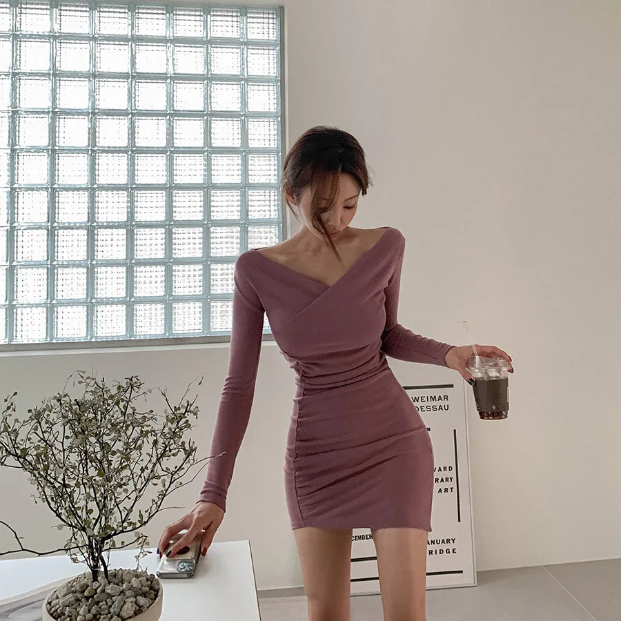 

2020 new female slim dress Office Lady Polyester Sheath Knee-Length Korean high waist bag hip autumn dress