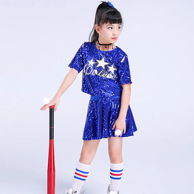 

New Kids Girls Stage Performance Hip Hop Jazz Dance Costume Shiny Sequins Crop Tops with Skirt Striped Socks Dancewear Set
