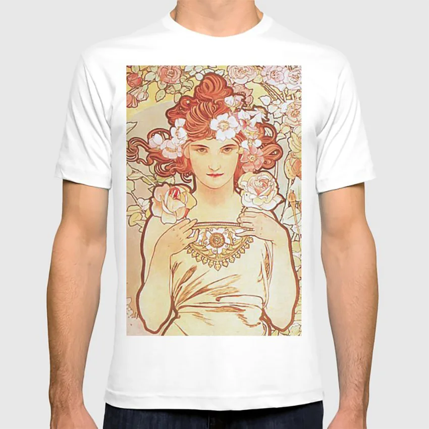 Rose by Alphonse Mucha 1897 Винтажная Футболка для девочки с красными волосами цветочный