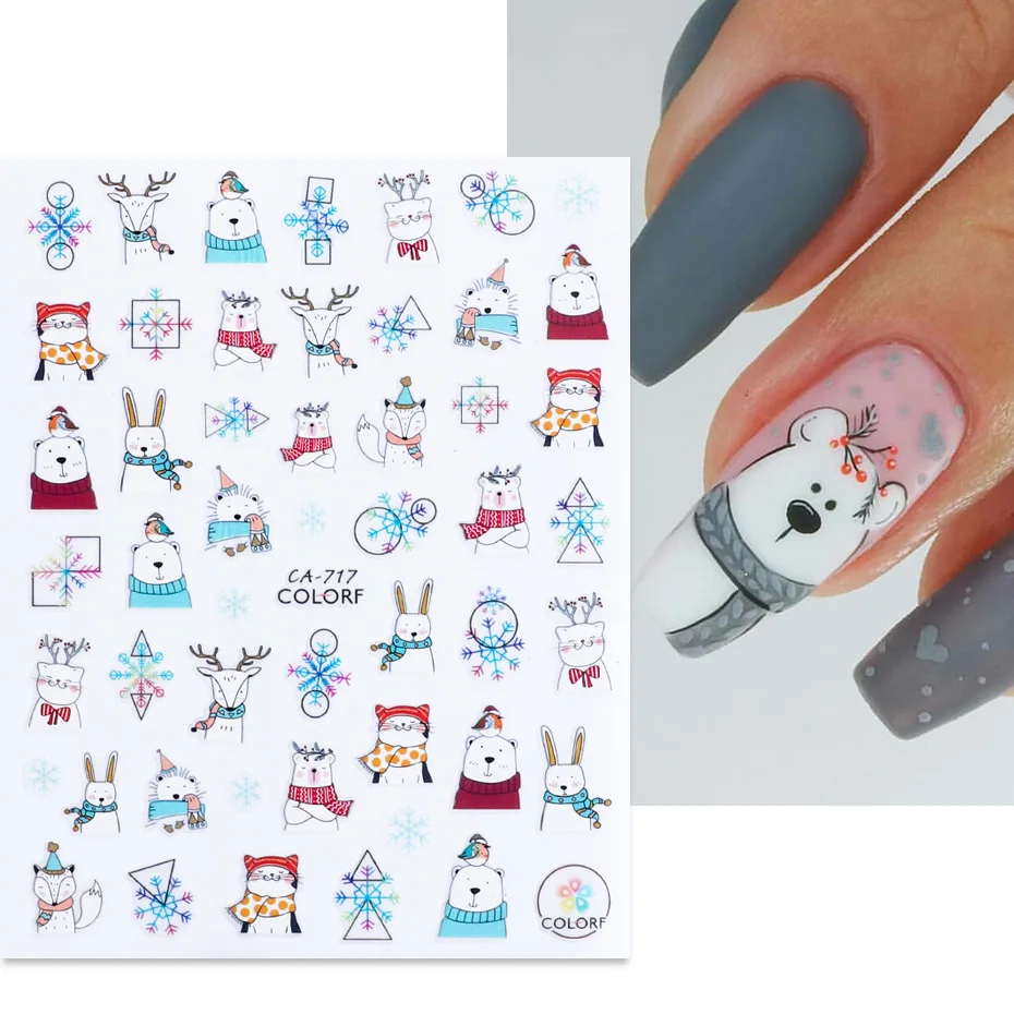 Снежные 3D наклейки для ногтей мультяшный ледяной Медведь Кролик рождественские