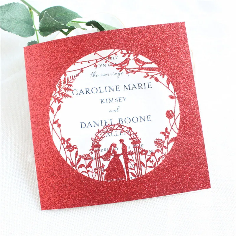 Блестящие красные приглашения на свадьбу Свадебный карманный дизайн заказ