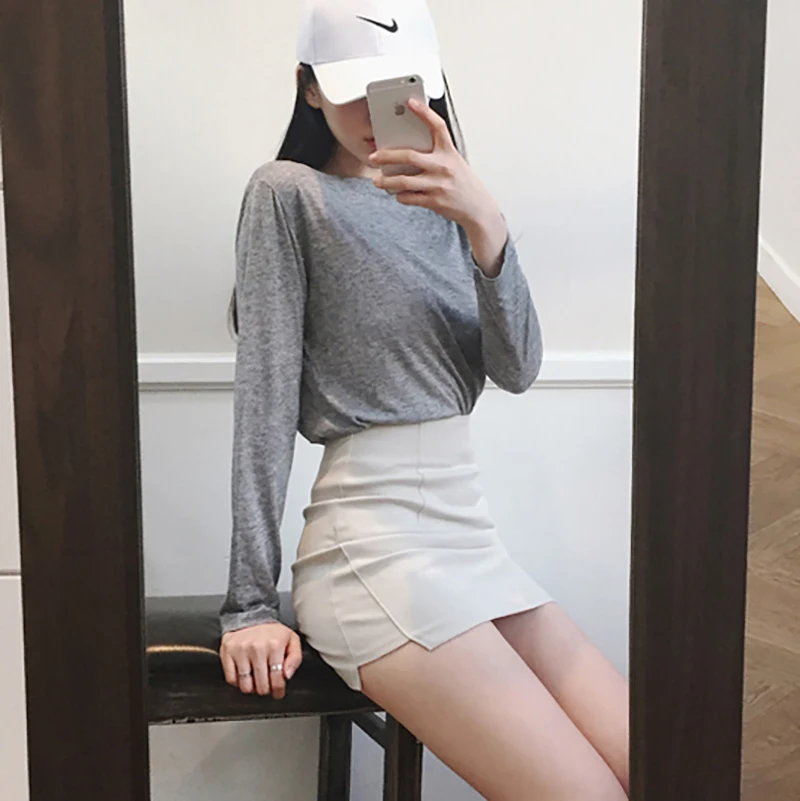 

Korean Style Black Package Hip Saia Skirts High waist Irregular Hem Pencil White Mini Skirt 0313-39