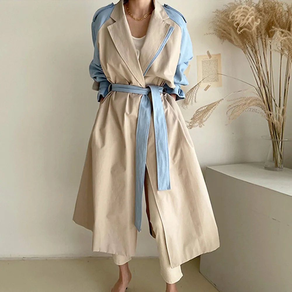 

Korean Women Fashion Trench Coat Casual OL Commuter Long Sleeve Solid Patchwork Lapel Loose Mid-length Autumn Winter Ladies Coat