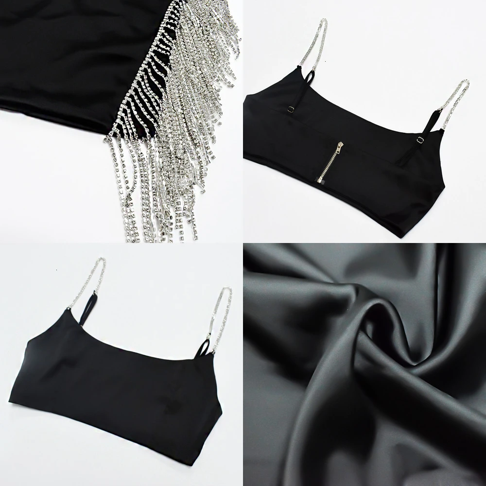Dressmecb, Осенний сексуальный женский комплект 2 шт., короткий жилет, топ и мини-платье с кисточками, комплект с тонкими лямками на молнии, элегантный комплект из двух предметов