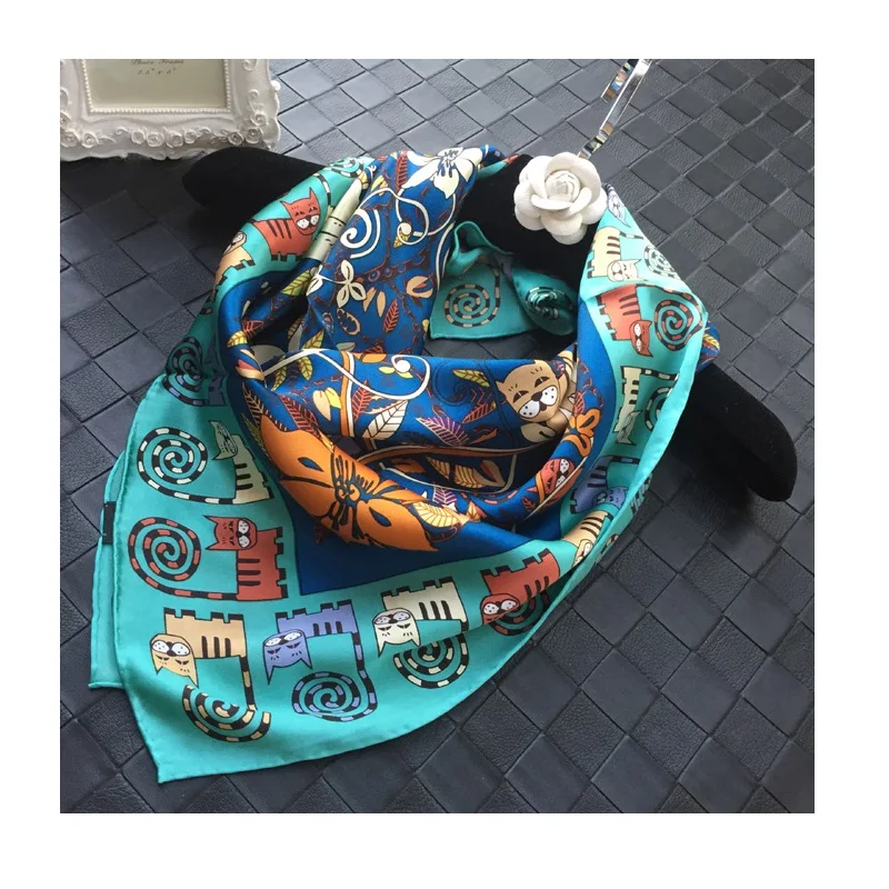 

100% Satin Silk Scarf Shawl Animal Cats Print Women Silk Wraps Foulard 88x88cm