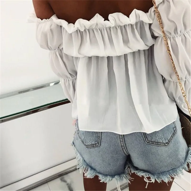

Women Off Shoulder Chiffon Top Autumn Fashion Elegant Solid Color Pleated Sexy Shirt Womens Office Ruffles Street Tops