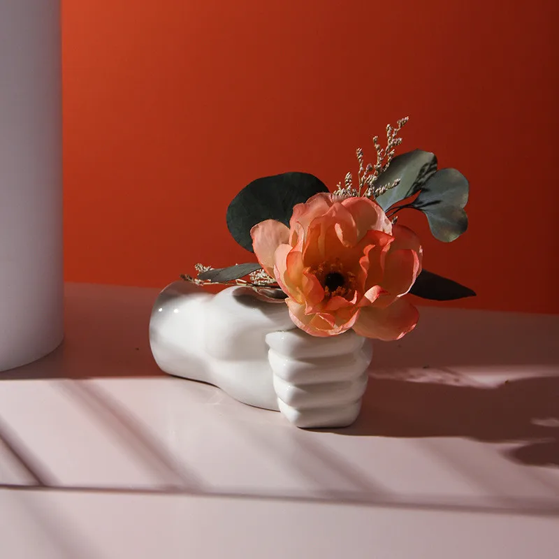 

Room Dining Ornaments Small Flower White For Nordic Art Style Vase Creative Irregular Human Hand Shape Intercarant Container