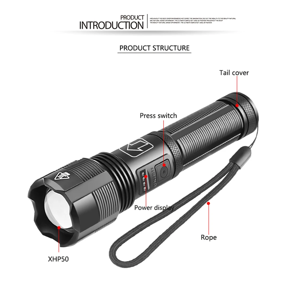 

Hunting Camping Flashlight XHP50 LED 1000LM Waterproof Rechargeable Torch Lights Lightweight Easy Carrying LED Flashlight