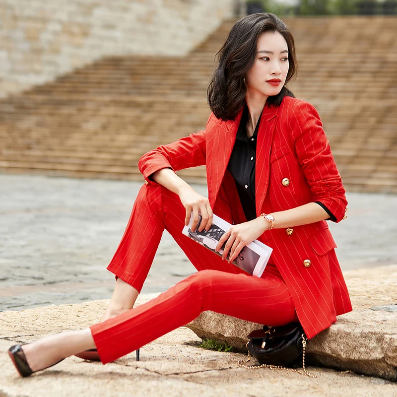 Женский комплект из 2 предметов Lenshin двубортный брючный костюм темно-синего и