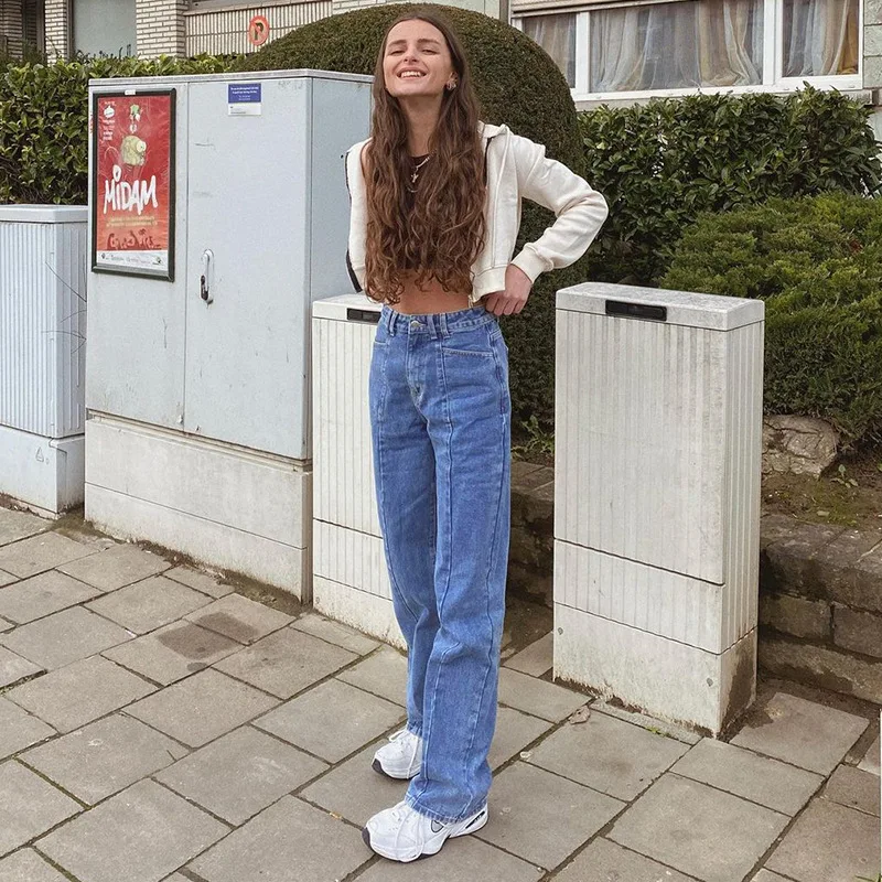 

Mandylandy Retro Straight Jeans Women High Waist Wide Leg Trouser For Women Loose Boyfriend Jeans Woman Curvy Long Denim Pants