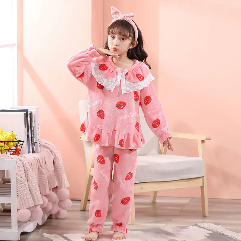 

Зимняя фланелевая детская пижама, комплект с кукольным воротником для девочек, кружевная Домашняя одежда с длинным рукавом, детская теплая ...