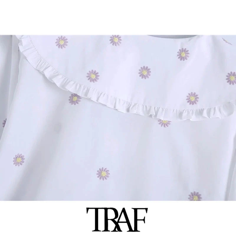 

TRAF Women Sweet Fashion Floral Embroidery Poplin Blouses Vintage Short Sleeve Button-up Female Shirts Blusas Chic Tops