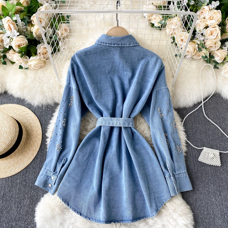 

Retro Popular Denim Blouse Beaded Long Sleeves Belted Waist Long Design All-match Jeans Shirt Top TN1745