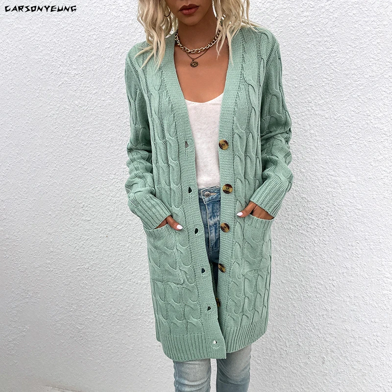 CARSONYEUNG Vintage Twist Cardigan Women Sweater Knitwear 2021 Autumn Winter Female Long Knitted Coat Button Cardigans New |