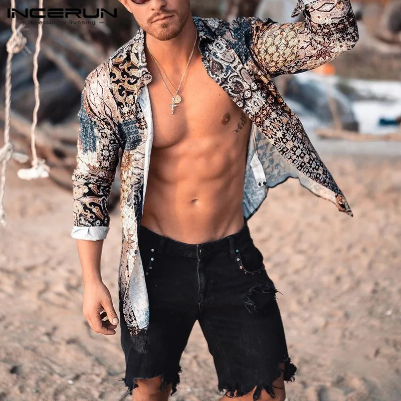 INCERUN Vintage Print Men Shirt Long Sleeve Ethnic Style Breathable Lapel Streetwear Camisa Beach Hawaiian Brand Shirts Men 2022
