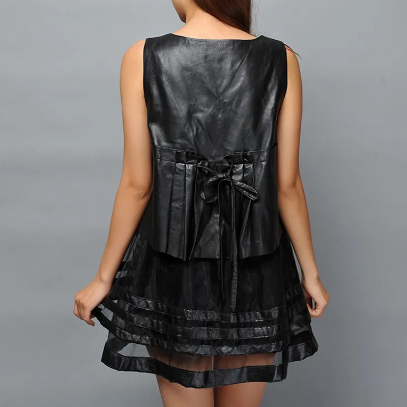 

Spring New Real Leather Chiffon Patchwork Dress Faux Two Pieces Sweet O-Neck Red Genuine Sheepskin Dresses Party Robe Femme