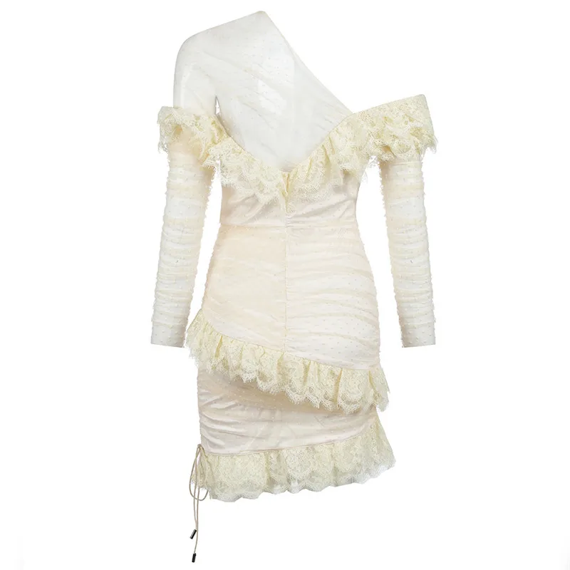 

UKCNSEP High Quality Off Shoulder Party Dress Sexy Long Sleeve Off Shoulder Lace Dress Vestidos Ruffle Elegant Women Dress