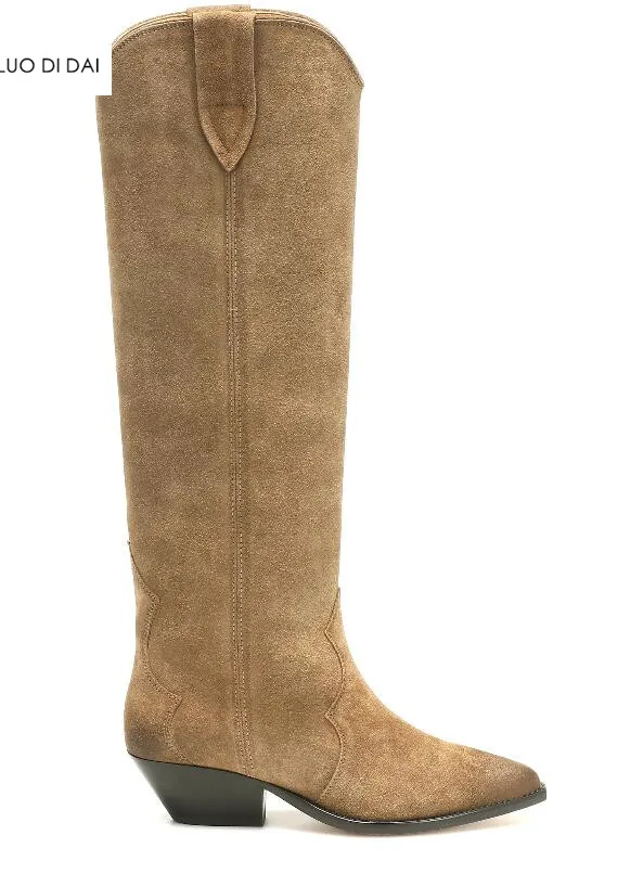 2019 new women knee high boots block heel point toe suede leather ladies party shoes slip on western booties | Обувь