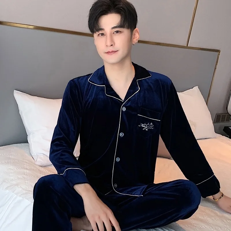 

Sleepwear Casual Pajamas Set Lounge Wear Men 2PCS Shirt&Pants Nightwear Autumn Velour Home Clothes Oversize Pyjamas Lingerie