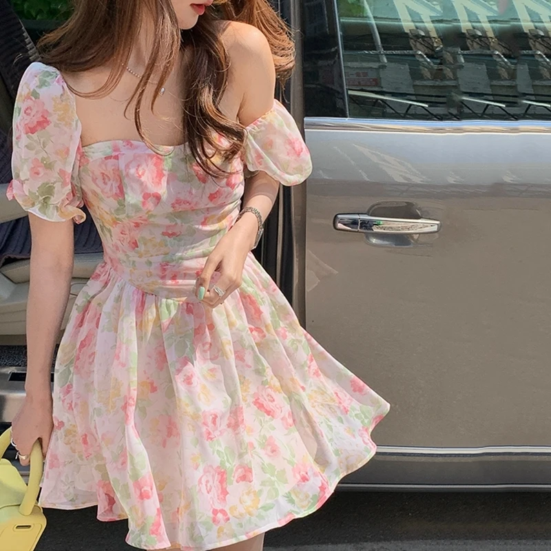 

Women Puff Sleeve Mini Dress Summer Vintage French Floral Korean One Piece Dress Fashion Casual Chiffon Dress For Women Vestido