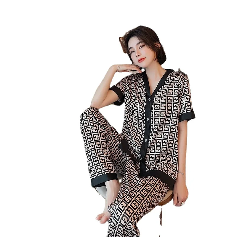 

Women's Pajamas Set Luxury Fashion Cross Letters Print Short Sleeve Sleepwear Silk Like Leisure Home Clothes Nightwear Pajamas