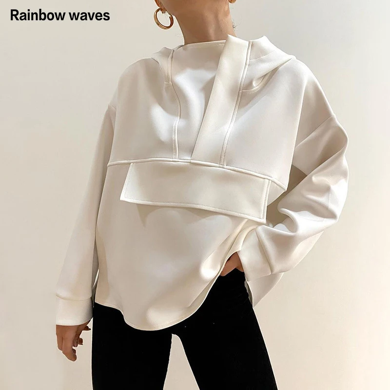Rainbowwaves Woman Oversized Hoodie Solid Black White Sweatshirt Fashion Streetwear Hooded Loose Big Pocket Korean Unisex Tops