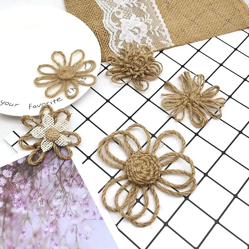 

5Pcs Burlap Flowers Jute Twine Jute Burlap Flowers Handmade for DIY Handmade Floral Crafts Making Home Wedding Party Decoration