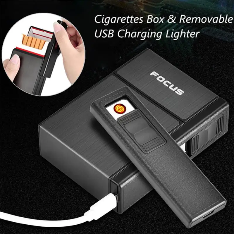 

None Plastic & Aluminum Cigarettes Box Case with Lighter Business Men Removable USB Charging Lighter Can Hold 20 Cigarettes