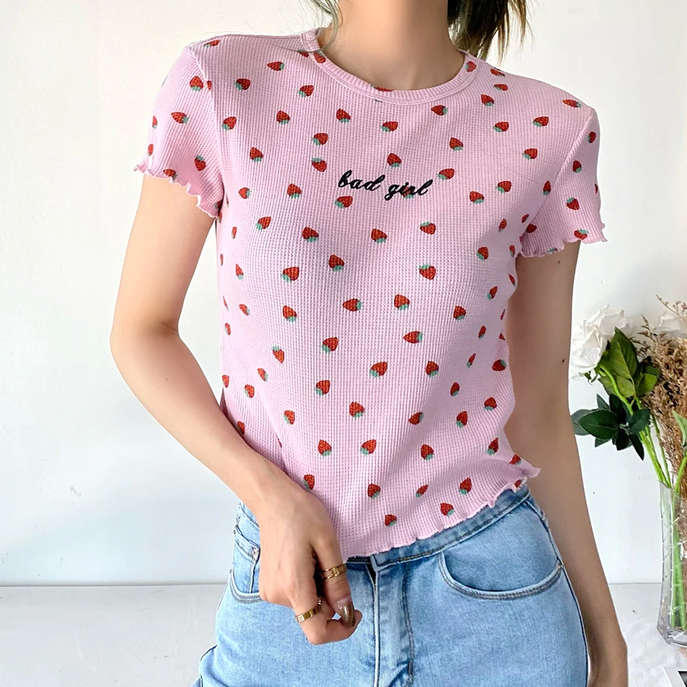 

Футболка женская трикотажная в рубчик, пикантный облегающий топ с круглым вырезом и коротким рукавом, Повседневная Эластичная рубашка с надписью, розовый цвет, на лето
