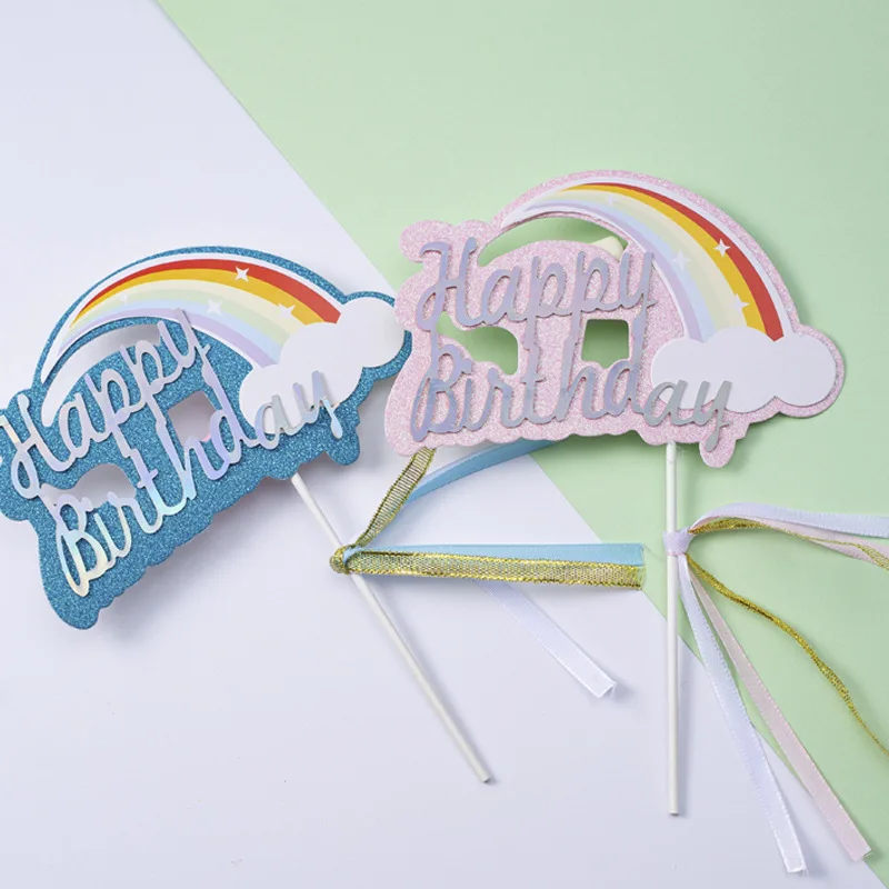 

1Pc Rainbow Ribbon Plug In for Birthday Cake Laser Happy Birthday Letter Cake Decoration Party Dessert Table Bakeware Cake Tools