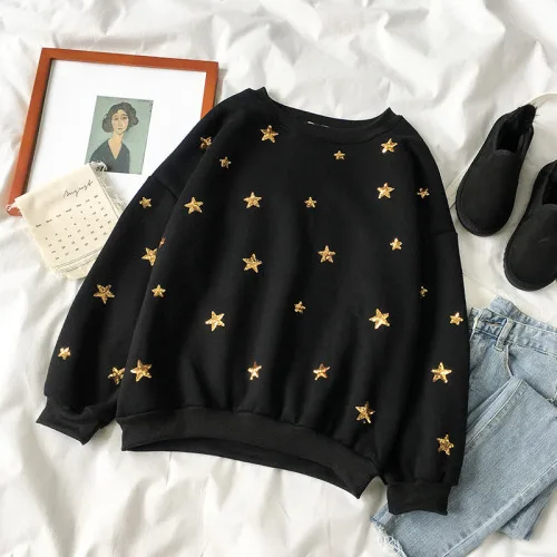 

Long Sleeve O Neck Casual Loose Tops Outwear Female Fleece Sequin Stars Fashion Women Hoody Blingbling Sweatershirt