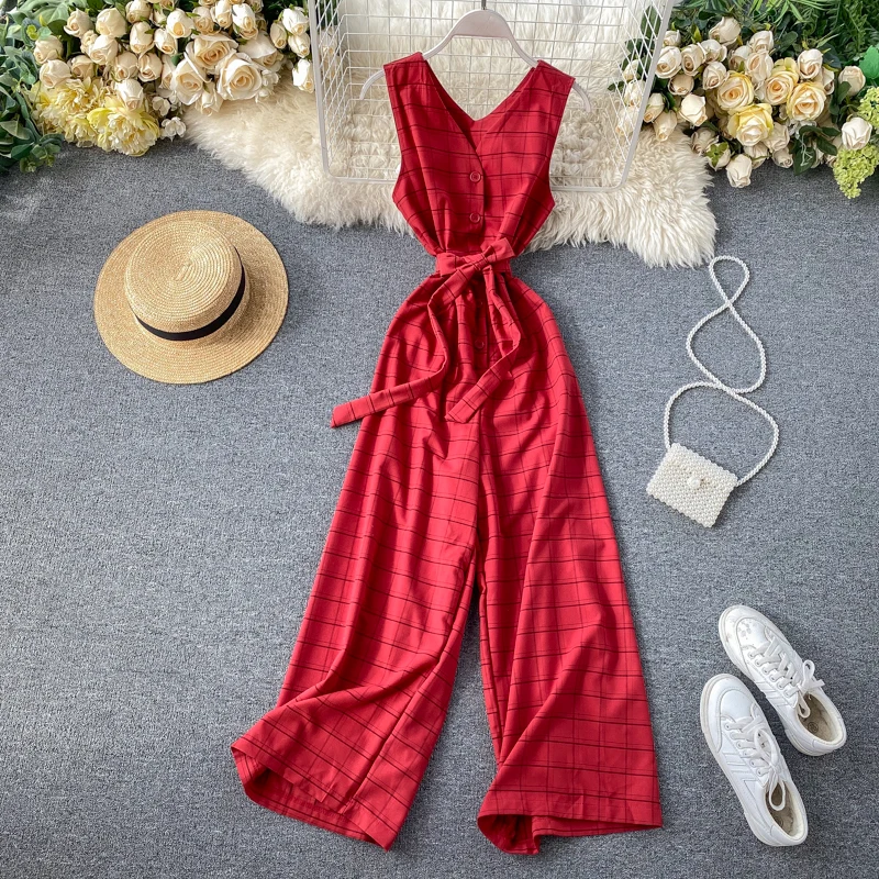 

2020 Slim V Neck Vintage Plaid Print Sexy Summer Full Length Bandage Jumpsuit Button Women Tank Playsuit elegant Beach Romper