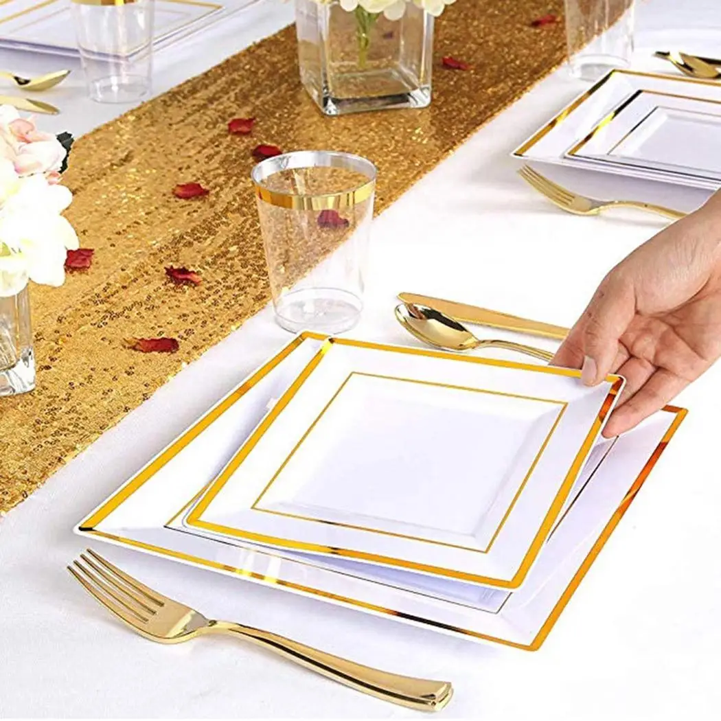 Прочные Свадебные вечерние одноразовые ножи вилка ложка набор посуды золото