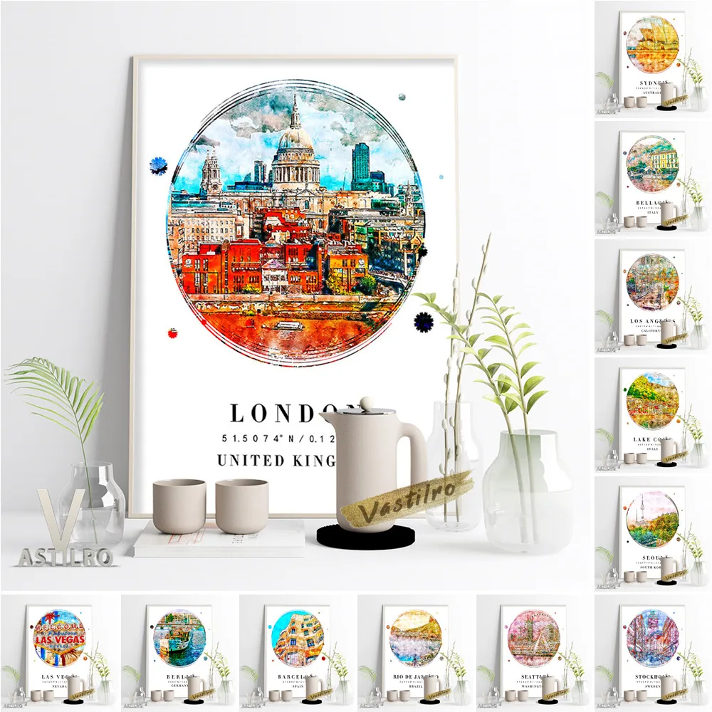 

World City Travel Circular Watercolor Landscape Poster Seoul Sydney Bellagio London Lake Como Los Angeles Las Vegas Home Decor
