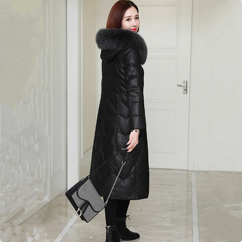 TNLNZHYN Women Winter Sheepskin Coat Quality Fox Fur Collar Down Jacket Leather Outwear Female 2020 Black Warm Long Clothes 1871